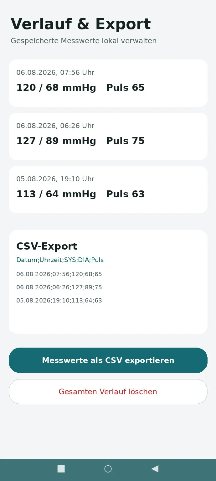 CSV export of blood pressure history