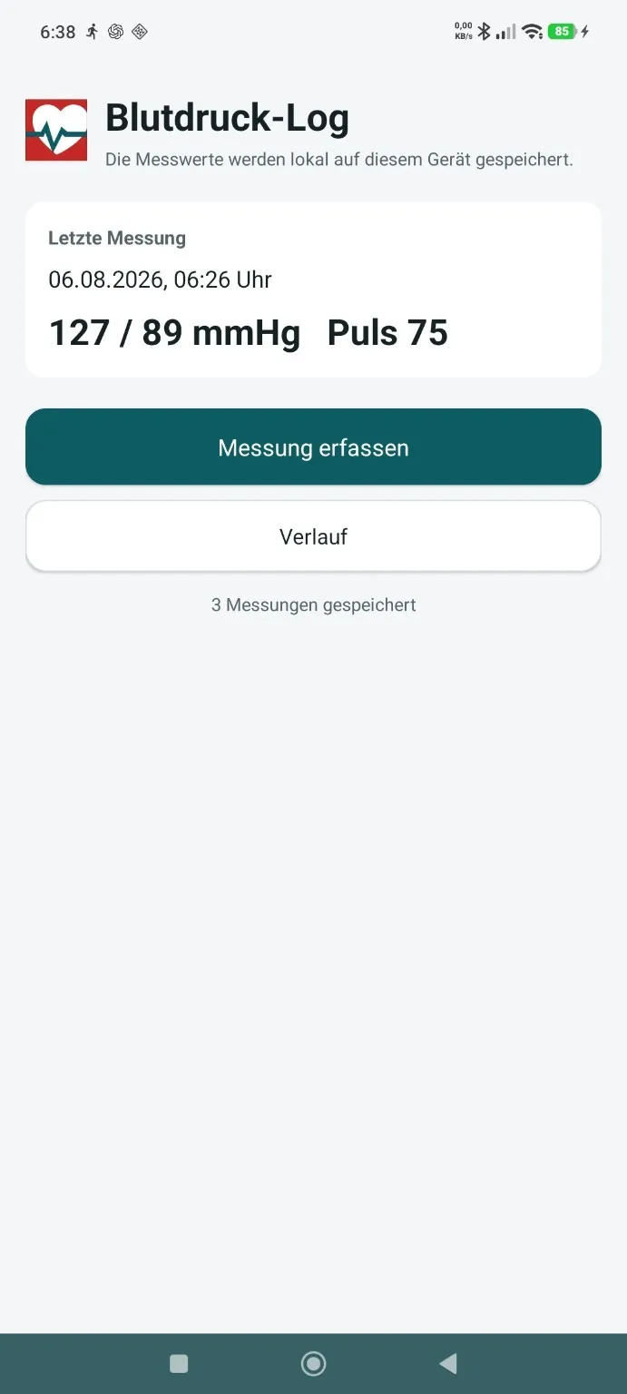Blood Pressure Log start screen with latest reading