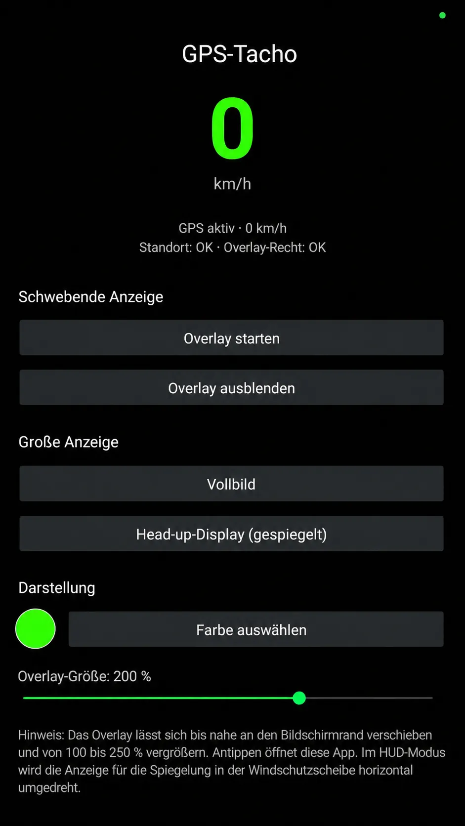 GPS Speedometer start screen with colour selection and display modes