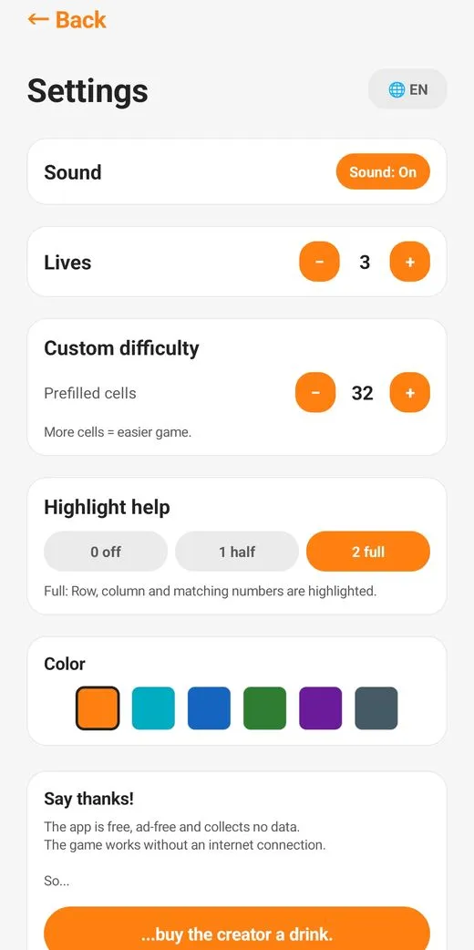 Sudoku app settings screen