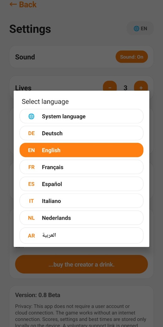 Sudoku app language selection