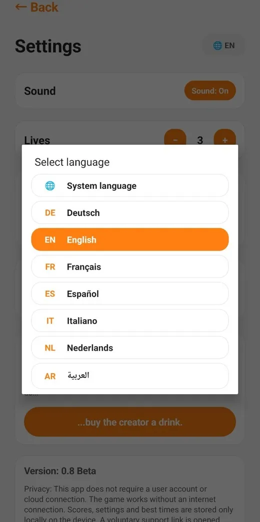 Sudoku app language selection