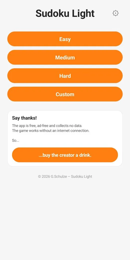 Sudoku app start screen with difficulty selection